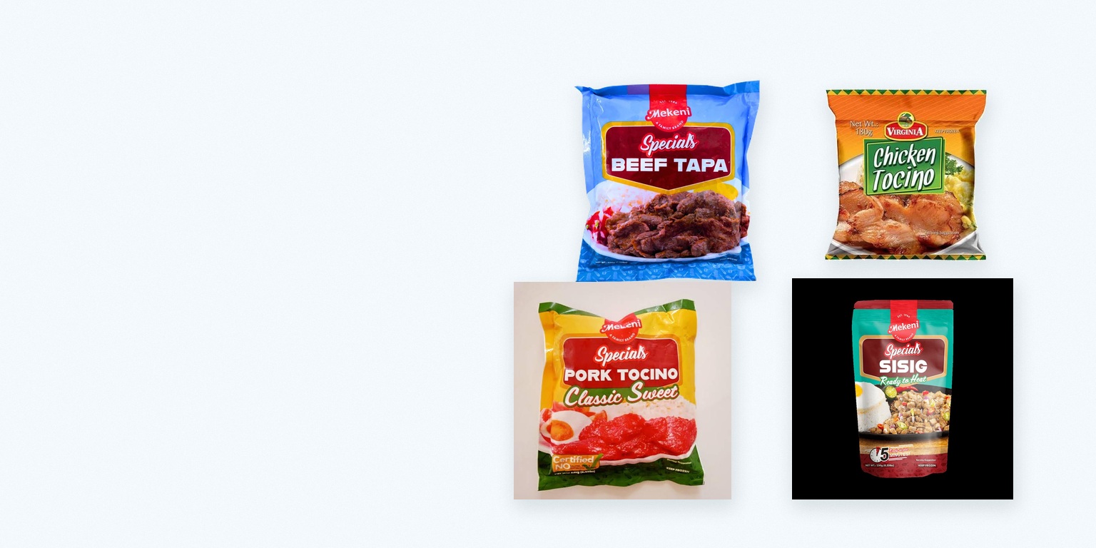 Beef tapa, chicken tocino, pork tocino and pork sisig